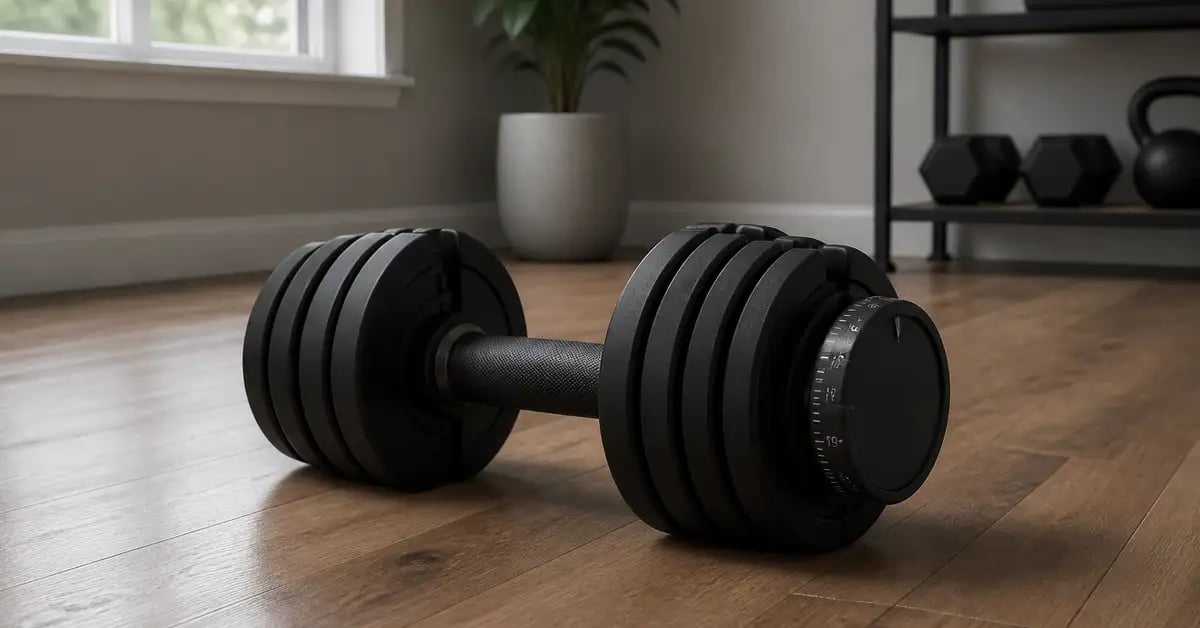 Adjustable dumbbell with weight dial visible in a spare-room home gym.