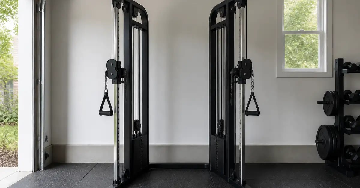 A cable functional trainer with dual pulleys in a home garage gym.