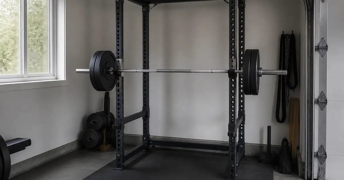 A compact steel power rack with a loaded barbell against a garage gym wall.