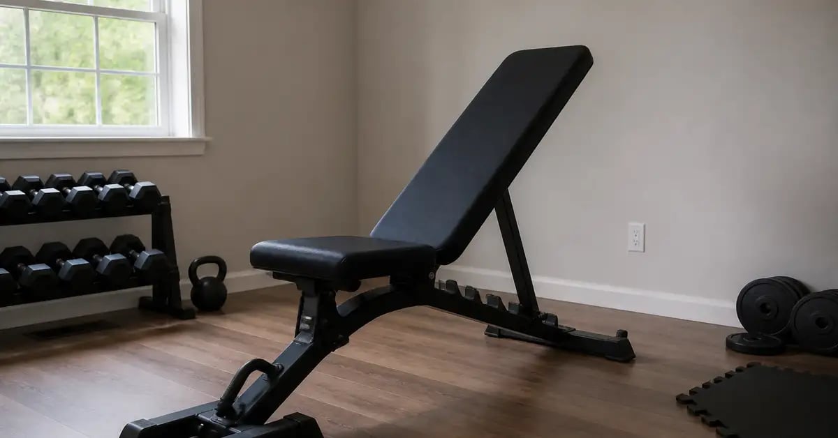 An adjustable weight bench set to an incline in a tidy spare-room home gym.