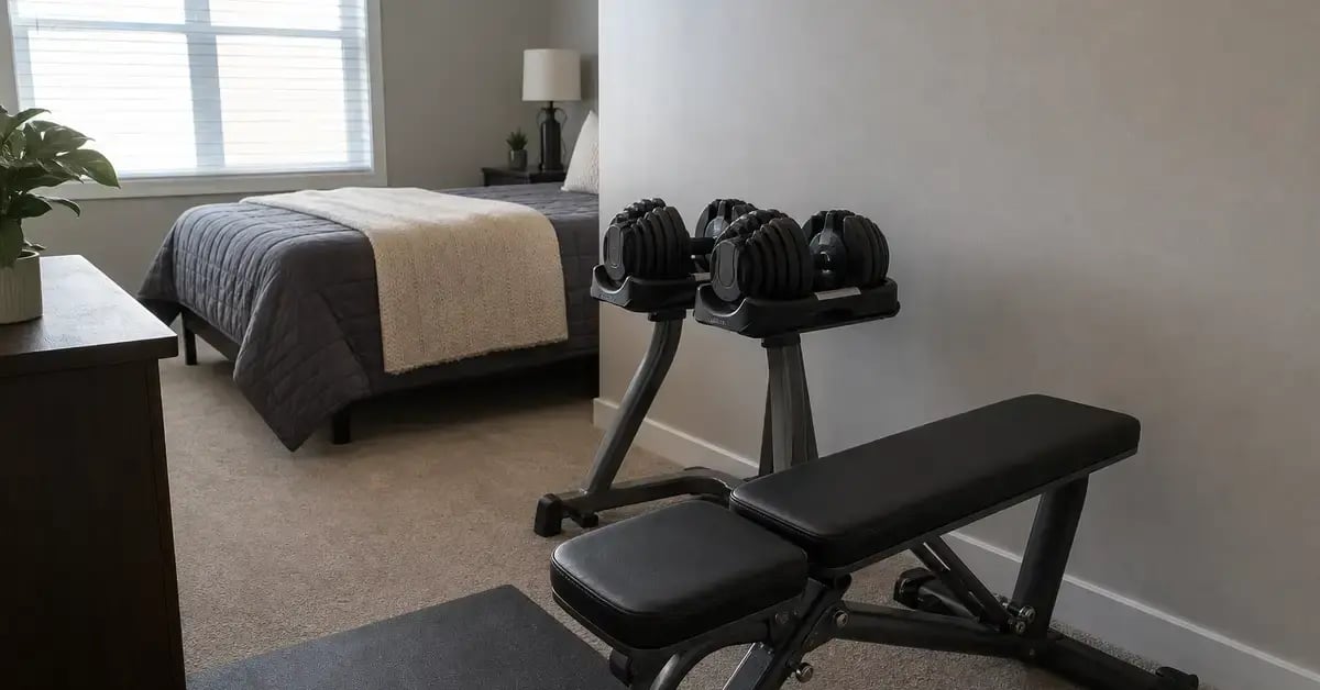 Adjustable dumbbells and a folding bench in a tidy spare-room home gym.