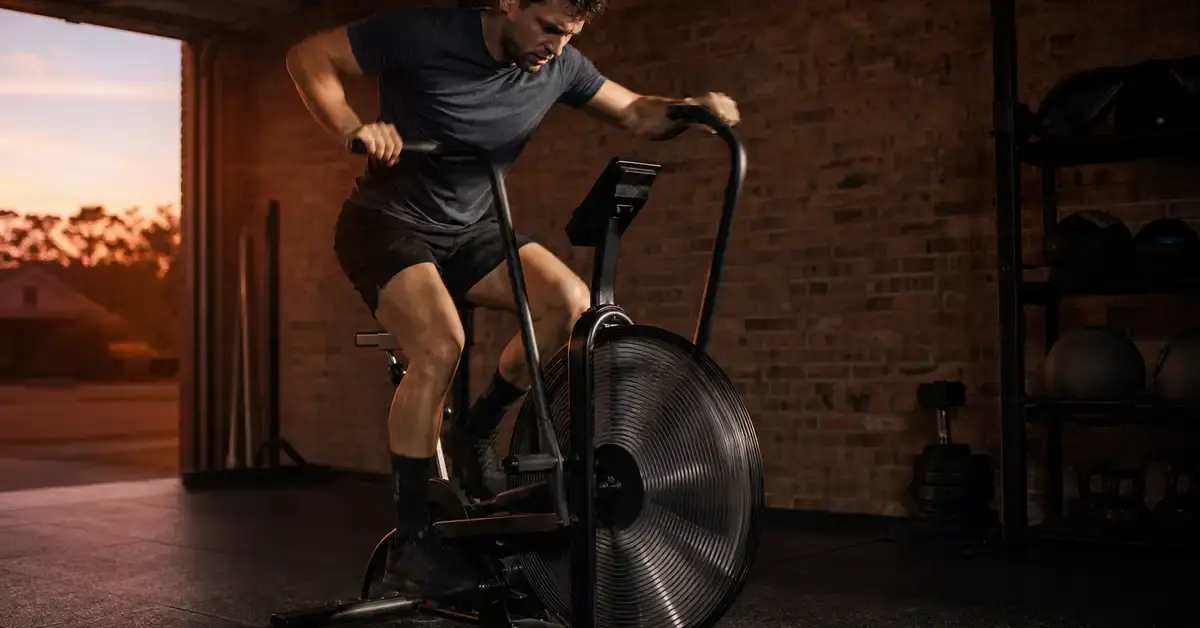 Person doing HIIT intervals on an air bike in a home garage gym