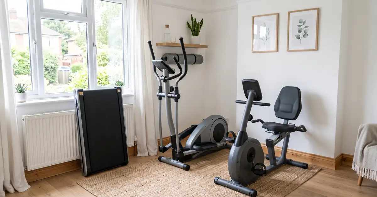 Home spare-room gym corner with compact budget cardio equipment near a sunlit window