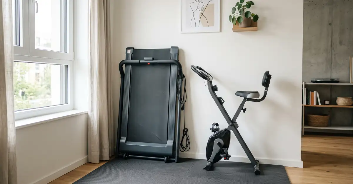 Bright minimal home gym corner with a folded treadmill and compact exercise bike against a wall