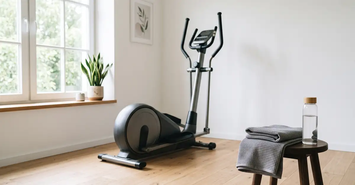 Bright minimal home gym corner with an elliptical machine near a sunlit window
