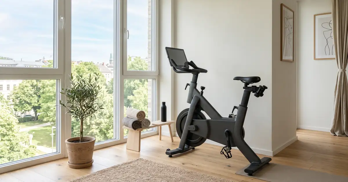 Bright minimal home gym corner with a connected indoor exercise bike near a sunlit window