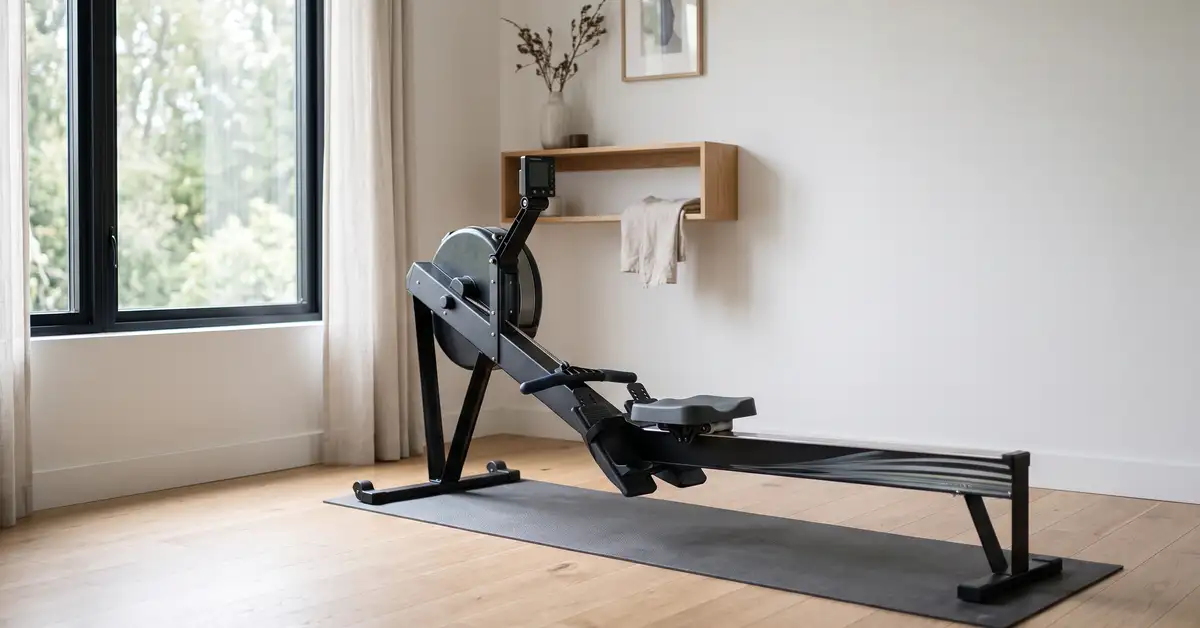 Bright minimal home gym with a rowing machine set up for a technique-focused workout