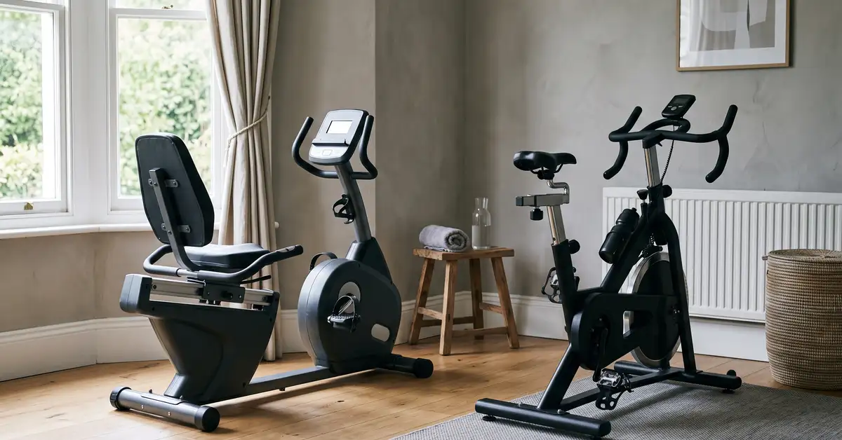 Recumbent and upright exercise bikes set up in a home spare room gym
